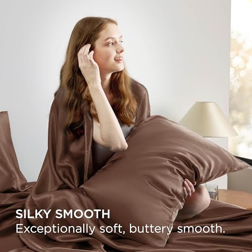 Image of Bedsure Satin Sheets Full Size, Soft Silky Bedsheets for Hair & Skin | Similar to Silk Bed Sheets Set 4 Piece with 15 Inches Deep Pocket Fitted Sheet,1 Flat Sheet, 2 Satin Pillowcases