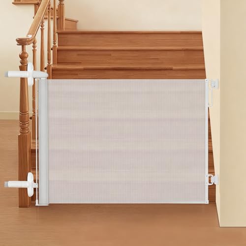 階段上 巻き取り式 階段 ゲート ベビーガード ?走防止ゲート ソフト素材 安全ロック機能 穴開けない取付可 しっかり固定 ネジ付 赤ちゃん/ペット/猫/犬に適応(白,高86*?180cm)