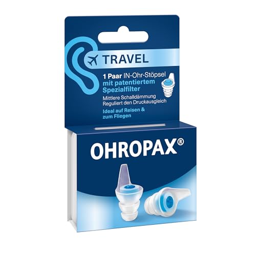OHROPAX Travel Ohrstöpsel – patentierter Spezialfilter – reguliert Druckausgleich – Schalldämmwert SNR 16 dB – zum Reisen und Fliegen – 1 Paar Stöpsel mit eingesetztem Filter + 1 kleineres Paar