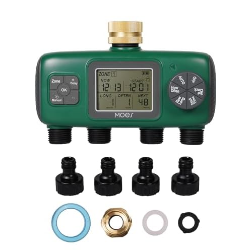 MOES 4 Outlet Sprinkler Timer, Brass Inlet, Programmable Automatic Irrigation Controller, Rain Delay, Manual Watering, 4 Zone Water Hose Timer for Gardens, Lawns, and Hose Systems