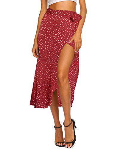 Newchoice Boho Skirts for Women Long Wrap Asymmetrical Hem Drape Retro Polka Dot Midi Skirt (XL,Wine)