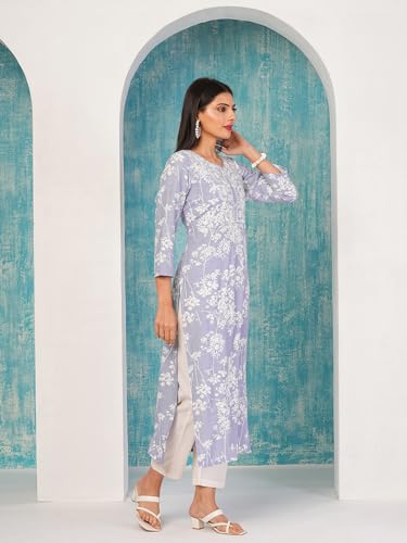 Image of GoSriKi Women's Cotton Blend Chikankari Embroidered Straight Kurta