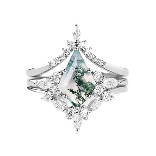 Natural Moss Agate Ring 925 Silver Moss Agate Engagement Ring Set Promise Wedding Ring Rhombus Green Moss Stone Aqua Agate 3 Piece Couple's Ring Emerald Ring Rose Gold Ring Gift for Women（6Silver）