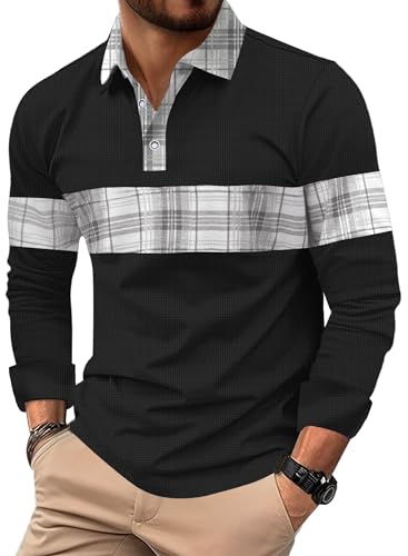 Mens Long Sleeve Polo Shirts Print Casual Vintage Classic Golf Shirt (S-XXL)