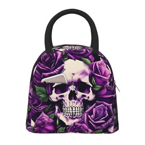 ZHAOLQ Bolsa nevera portátil bolsa de mano de gran capacidad muchas rosas moradas cráneos impresión lonchera lonchera contenedor bolsa de tela reutilizable