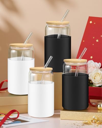 Image of sungwoo Glass Cups with Lids and Straws, 4 Pack 16OZ Iced Coffee Cups with Silicone Sleeve, Glass Tumbler with Straw and Bamboo Lid, Home Essential Drinking Set for Juice, Cocktail and Tea Black&White