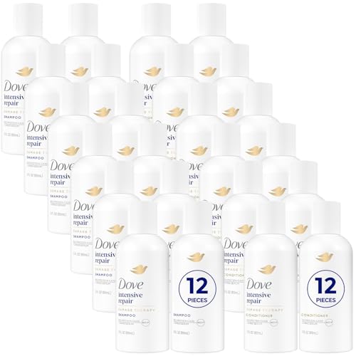 Dove Travel Essentials Shampoo and Conditioner Set (12 Sets 24 Bottles) Intensive Repair with Keratin for Rivitalizing Dry Damaged Hair 3 Oz Ea