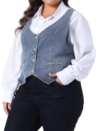 Agnes Orinda Plus Size Denim Vest Top for Women Button Down Waistcoat Casual Sleeveless Jean Jacket Vests2