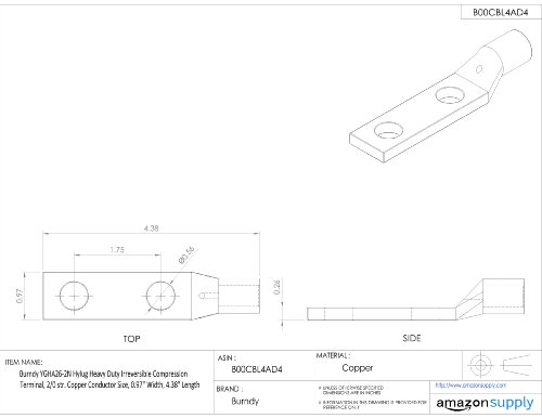 Burndy Ygha26-2N Hylug Heavy Duty Irreversible Compression Terminal, 2/0 Str. Copper Conductor Size, 0.97" Width, 4.38" Length #TOP1
