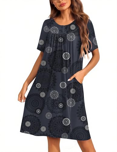 Ekouaer Moo Moos for Women Button House Dresses with Pockets Black Mandala, L