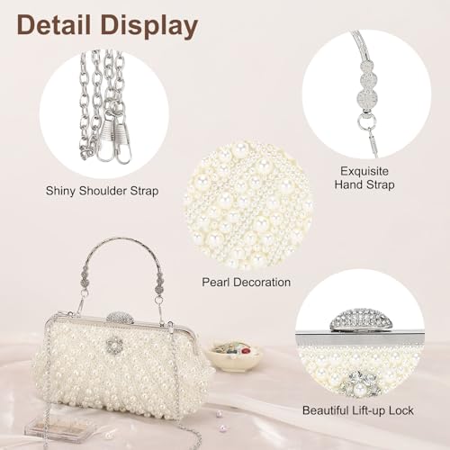 Image of DTGN Evening Bags Clutch Purses for Women Formal, Bridal Purses Pearl Handbags Shoulder Bag with Chain for Women Formal Wedding Club Party Beige