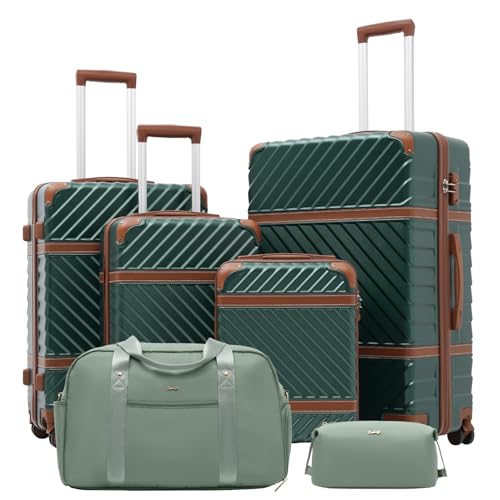 Coolife Luggage Set Suitcase Carry On Luggage PC Hardshell Luggage TSA Lock Spinner Wheels Telescopic Handle Dark Green 6 piece set