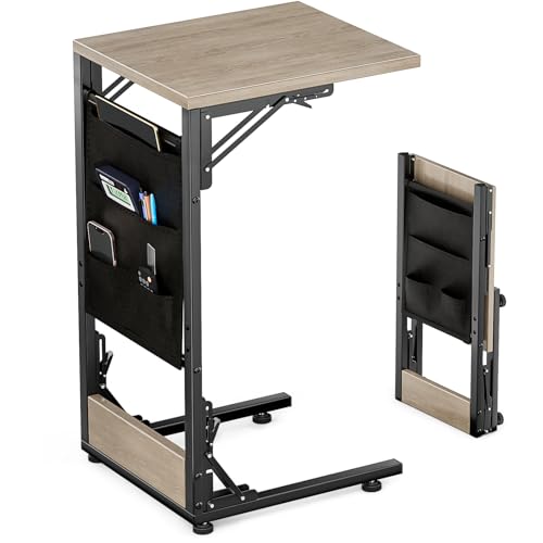Image of Folding TV Tray Table, Small Folding Side Table with Storage Bag, Portable C Shaped End Table for Couch Sofa Bed, Oak Gray