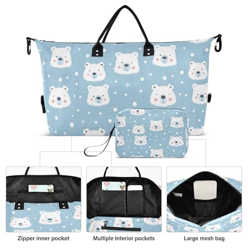 Polar Bear Light Blue White Travel Duffle Bag,Large Weekender Travel Bag for Women Men Waterproof Luggage Bag with Trolley Sleeve,Airplane Travel Essentials for Flying2