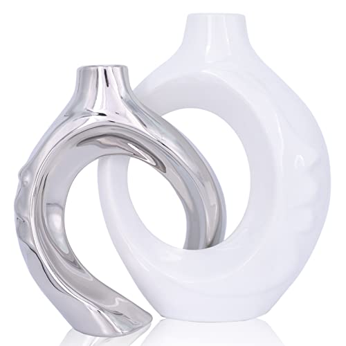 {Jarrones Decorativos Modernos Blanco y Plata Jarrones Decorativos Modernos oliruim Juego de 2 jarrones de cerámica blanca y plateada, redondos de cerámica para decoración de sala de estar,...