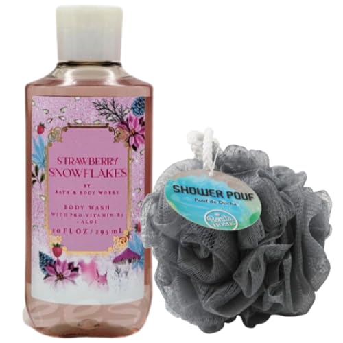 Shower Bathing Gift Set Bundle with 10 ounce Bath and Body Works Shower Gel Soap & Loofah Pouf Sponge - Gift, Birthday, Mother's Day (Strawberry Snowflakes)