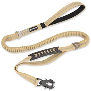 Heavy Duty Tactical Dog Leash, 4-6FT Shock Absorbing Tactical Leash with 2 Padded Handles, Metal Carabiner Clip,Car Seatbelt, Reflective Heavy Duty Leashes for Medium Large Dogs (Brown)