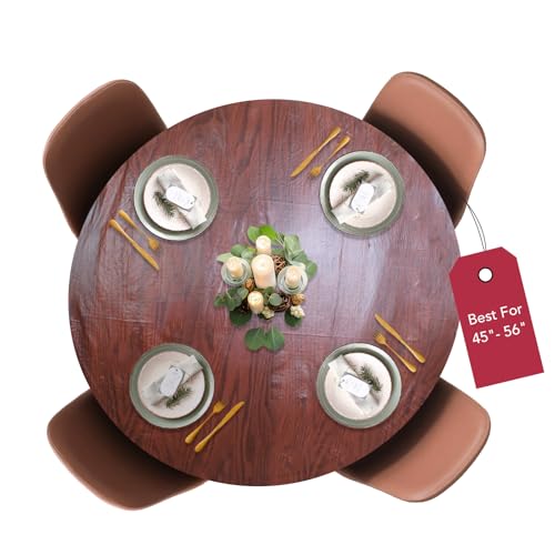 Covers For The Home Deluxe Elastic Edged Flannel Backed Vinyl Fitted Table Cover - Woodgrain (Mahogany) Pattern - Large Round Oblong Oval - Fits Tables up to 45" - 56" Diameter by Covers For The Home - Used condition - US$15.19