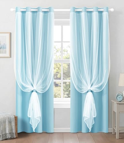 Image of 100% Blackout Curtains with Sheer Overlay, Blue, 52 x 96 inch, 2 Panels