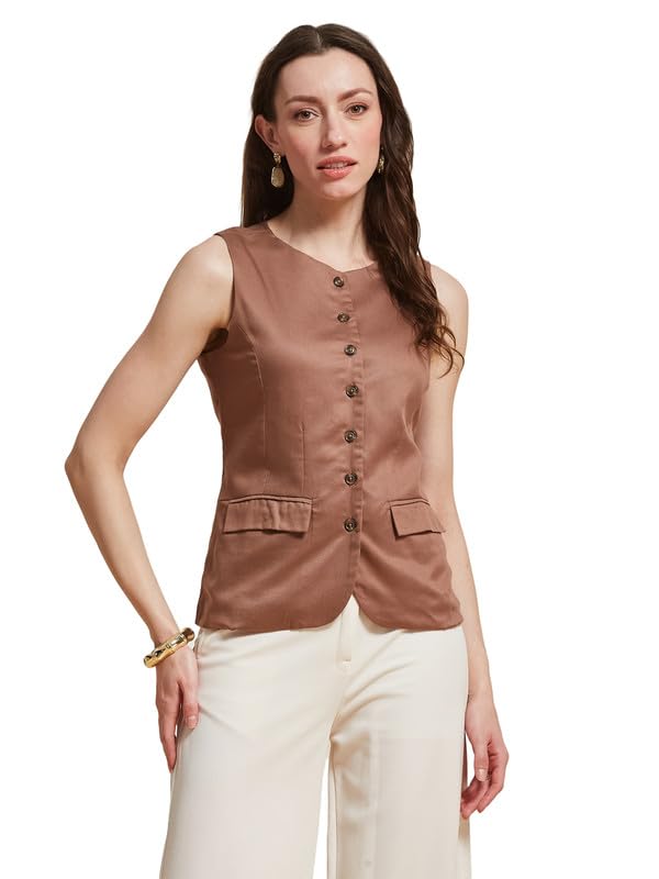latin quarters Women's Brown Solid Round Neck Sleeveless Casual Waiscoat-picture-17
