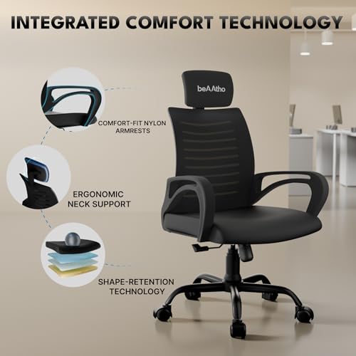 Image of beAAtho Verona Mesh High Back Ergonomic Home Office Chair with 3-Years Limited Warranty by beAAtho, Tilting & Height Adjustable Mechanism, Heavy Duty Metal Base Ideal for Office Work & Study (Black)