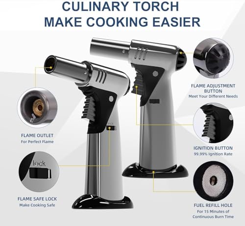 Butane Torch, Butane Refillable Kitchen Cooking Torch, Torch Lighter with Safety Lock And Adjustable Flame For BBQ, Baking, Brulee Creme, Crafts and Soldering(Butane Gas Not Included) - Thumbnail 2