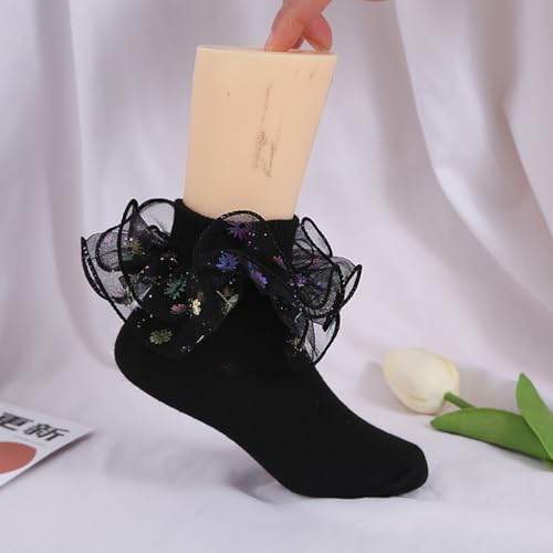 2 Pairs Glitter Flower Ruffle Double Layer Lace Princess Socks Casual Comfy Frilly Dress Ankle Socks Cute Soft Crew Socks4