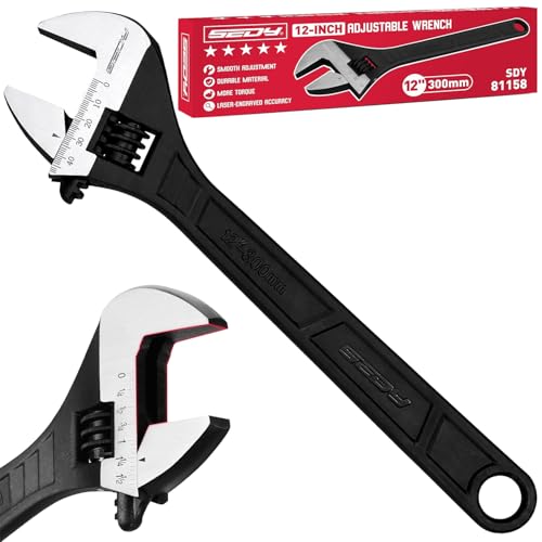 Image of SEDY 12-Inch Adjustable Wrench, Black Oxide Finish Wide Jaw Spanner with Inch /Metric Scale, Premium Drop Forged Steel for Automotive Plumbing and Household Repairs
