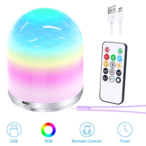 Nachtlicht Kinder, LED Nachttischlampe Baby, RGB Tischlampe Kind mit Fernbedienung und Lanyard, Dimmbar USB-Aufladung Tischleuchten mit Farbwechsel, 30 Minuten Timer für Kinder, Schlafzimmer, Camping