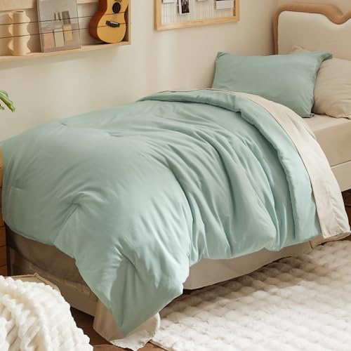 Image of Bedsure Twin XL Comforter Set - Extra Long 5 Pieces Sage Green Twin XL Bedding Set for All Seasons, Boho Contrasting Design Bed in a Bag with Comforter, Sheets, Pillowcase & Sham