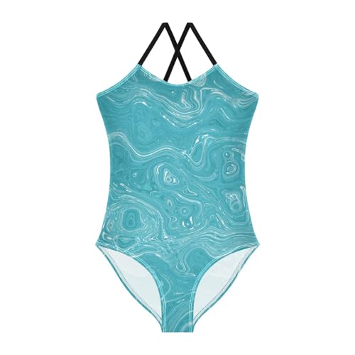 Aegean Teal Mottled Swirl Marble Girls 1 Piecing Swimsuits Swimsuits for Teen Girls Kids Bathing Suits