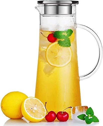 KHOLAD 1.3 Liter Glass Pitcher with Stainless Steel lid iced Tea Pitcher Water jug hot & Cold Water Wine Coffee Milk Juice Beverage Carafe and Sun Tea jar, (1300ml)