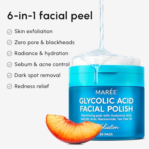Image of MAREE Glycolic Acid Pads - Toner Pads for Face Cleansing - Exfoliating Pad with Tea Tree Oil, Salicylic Acid & Vitamins E, B3, B5 - Acne Clearing, Skin Pore Resurfacing & Radiance Device - 80 Count