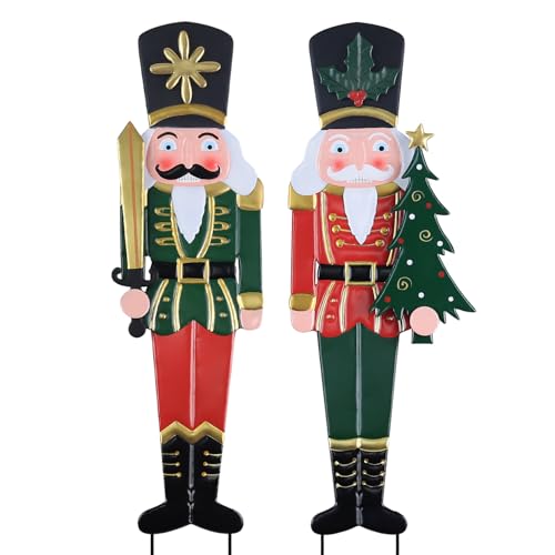YEAHOME Outdoor Christmas Decorations, Set of 2 Metal Nutcracker Decorative Garden Stakes for Christmas Outdoor Yard, Xmas Walnut Soldier Yard Signs for Outside Home Garden Lawn Porch Pathway Decor