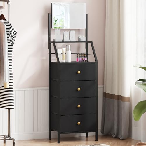 OYRREU Commode Haute avec Miroir Réglable et 4 Tiroirs en Tissu, Meuble de Rangement Polyvalent pour Chambre, Entrée, Couloir, Salon, Noir