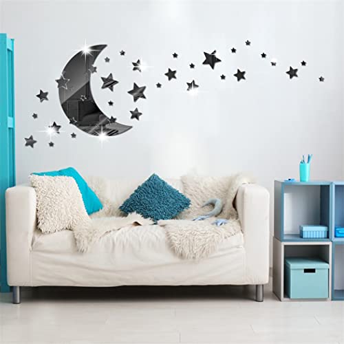 Image of Moon Star Mirror Wall Stickers, 146 PCS Stars & Crescent Moon, 3D Art Decals for Baby Kid Bedroom & Living Room (Black)
