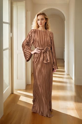 Image of Pluto & Fox Women's Crew Neck Plisse Maxi Dress Long Sleevele Flared Cuffs Belted Pleated Party Cocktail Wedding Guest Dress