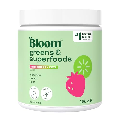 Bloom Super Greens Powder Strawberry Kiwi (30 Servings) with Probiotics Digestive Enzymes Spirulina & Chlorella Sugar-Free