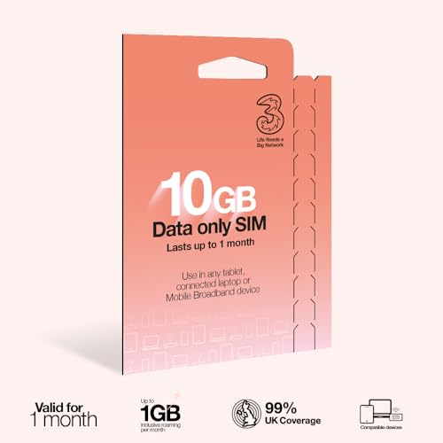 Three PAYG Mobile Broadband SIM Pre-loaded with 10GB of Data that Lasts up to 1 Month