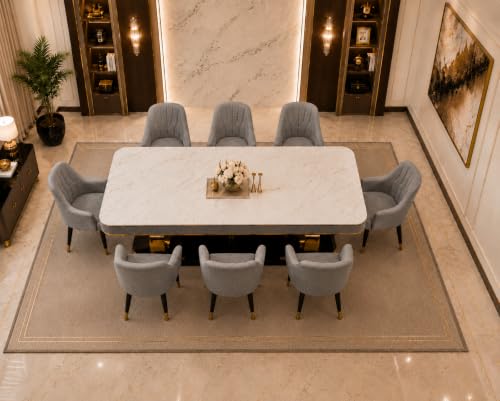 Image of 8-Seater Dining Table with Nano Composite Marble Top and PVC Golden Wooden Base |2yr Warranty - Includes 8 Fabric Upholstered Chairs