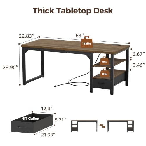 Image of Mericonia 63 inch Computer Desk with Drawer, 1.2 inch Thick Reversible Office Desk | Modern Writing Table with Power Outlets & Storage Shelves, Heavy Duty Industrial Executive Desk for Home Bedroom Study Work