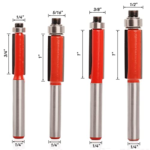 4Pcs Flush Trim Router Bit Set 1/4 Inch Shank, Industrial Grade Top Bearing Pattern Template Flush Cutting Router Bit, Flush Trimming Router Bit, For Diy Woodworking 1/4" 5/16" 3/8" 1/2" #TOP1