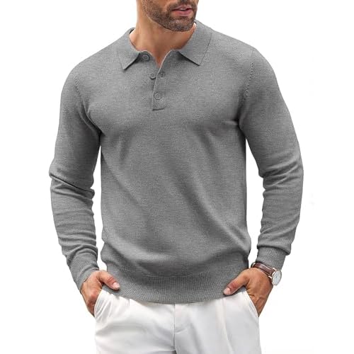 COOFANDY Mens Knit Polo Shirts Casual Long Sleeve Classic Polo Shirts Button Down Golf Shirts Grey Small