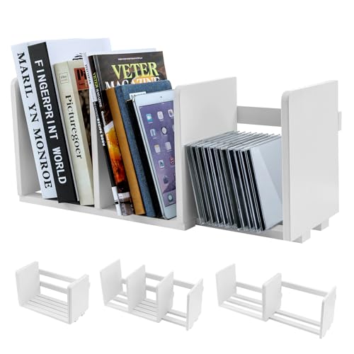 MyGift White Wood Desktop Bookshelf Organizer, Expandable Adjustable Display Shelf Book Rack
