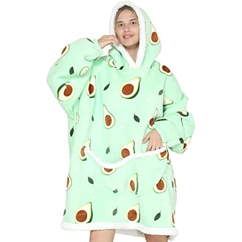 Flannel Wearable Blanket Sweatshirt Hoodie UK Comfy Fluffy Avocado Blanket for Women Adults, Warm Oversized Hoodie Blanket with Big Pocket,Elastic Cuffs & Machine Washed Cover
