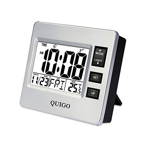QUIGO Small Digital Alarm Clock Battery Operated with Date,Temperature, Snooze,Nightlight for Kids,Bedside,Bedroom,Travel Office (Silver)