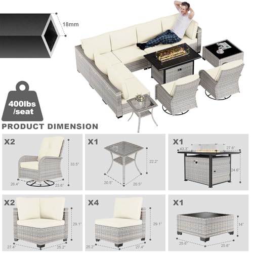 Image of 11-Piece Patio Furniture Set, Outdoor Patio Furniture with 55,000 BTU Fire Pit Table, Swivel Chairs Set, Thick Cushions, Modular Patio Sofa, Dual-Strand Wicker Rattan, Rust-Resistant Frame, Ivory