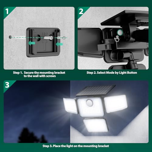 omibee 3000LM Solar Lights Outdoor, 4 Adjustable Heads Motion Sensor Security Light, 3 Modes, 6500K, IP65 Waterproof Solar Wall Flood Lights for Garden, Outside, Backyard, 2 Pack - image 9