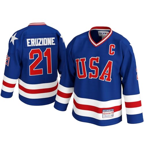 UNLC Mike Eruzione #21 Miracle 1980 USA Olympic Hockey Jersey Stitched Letters Blue X-Large