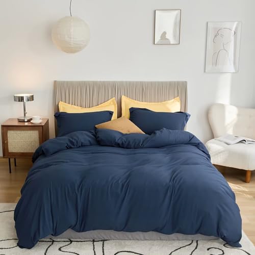 VClife Navy Blue Queen Washed Microfiber Duvet Cover with Zipper Closure 3 Pieces, Dark Blue Simple Style Bedding Sets, 1 Queen Size Duvet Cover and 2 Pillow Shams